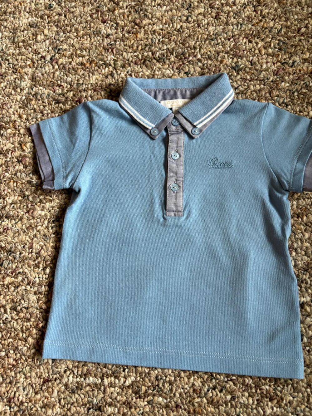Gucci Baby Boy 6/9 months Light Blue Polo with Gray Trim.